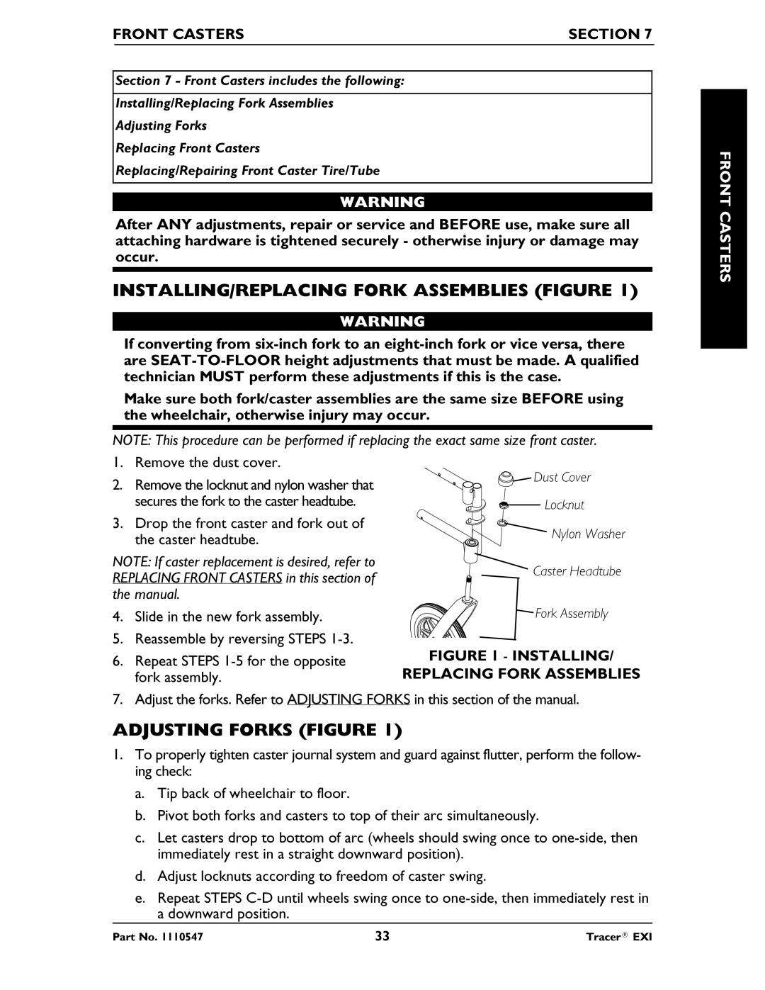 Invacare Tracer EXIR manual INSTALLING/REPLACING Fork Assemblies Figure, Adjusting Forks Figure, Front Casters Section 