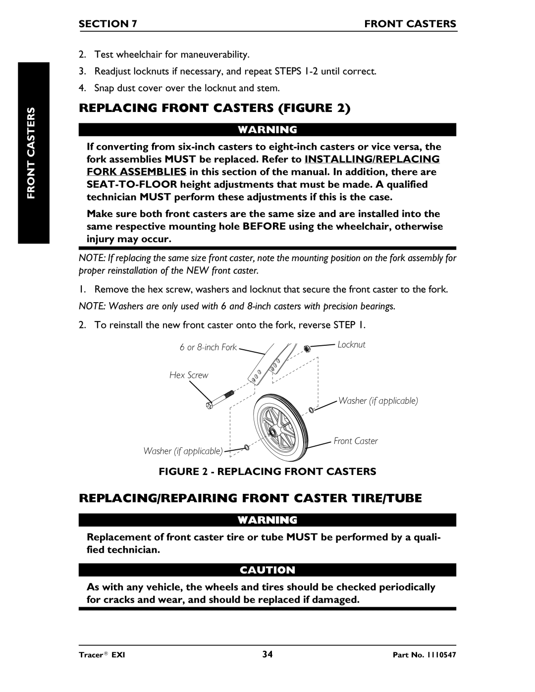 Invacare Tracer EXIR manual Replacing Front Casters Figure, REPLACING/REPAIRING Front Caster TIRE/TUBE, Castersfront 