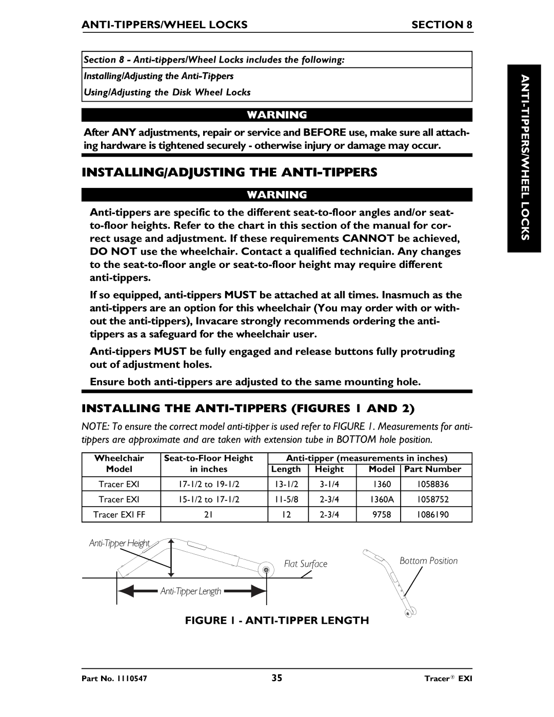 Invacare Tracer EXIR manual INSTALLING/ADJUSTING the ANTI-TIPPERS, Installing the ANTI-TIPPERS Figures 1 