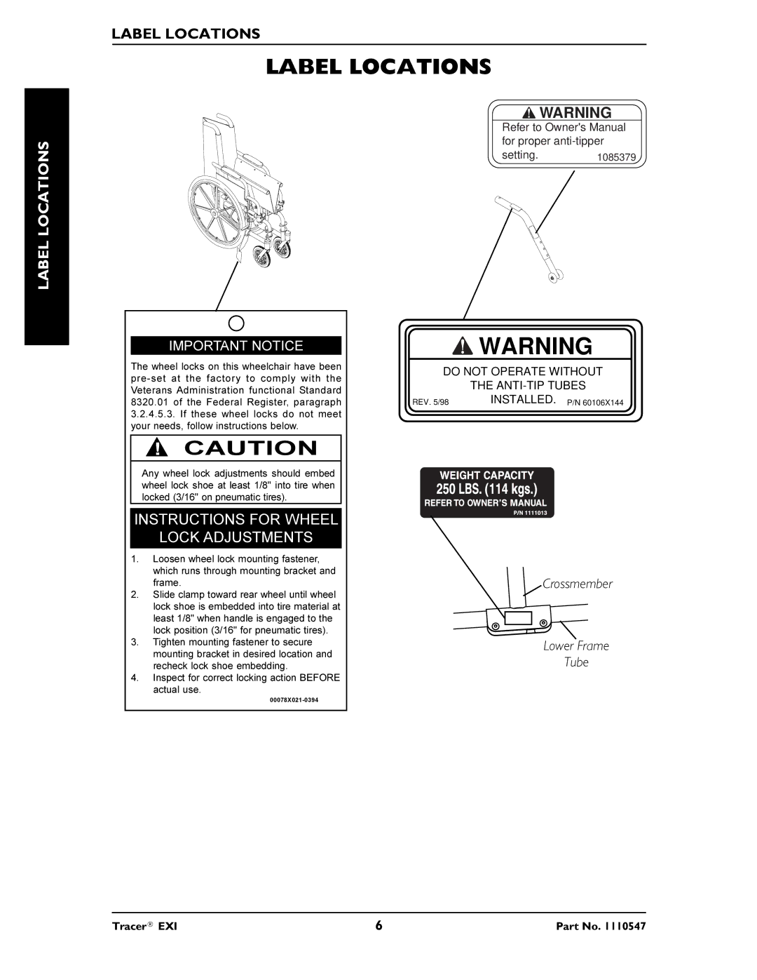 Invacare Tracer EXIR manual Locationslabel, Label Locations 