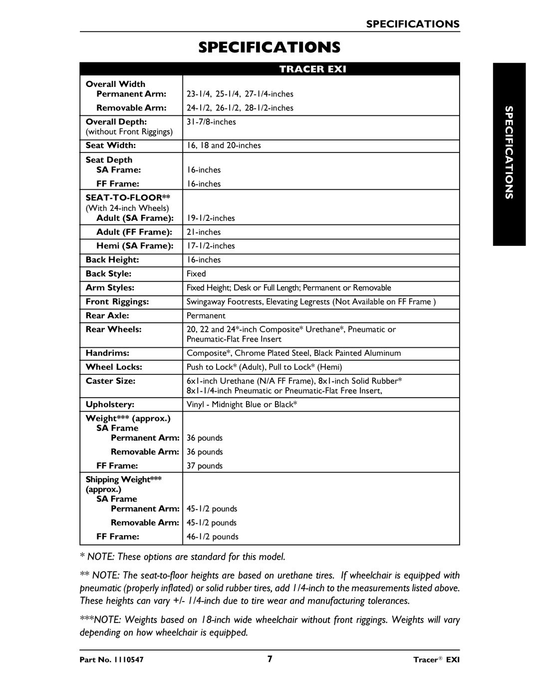 Invacare Tracer EXIR manual Specifications 