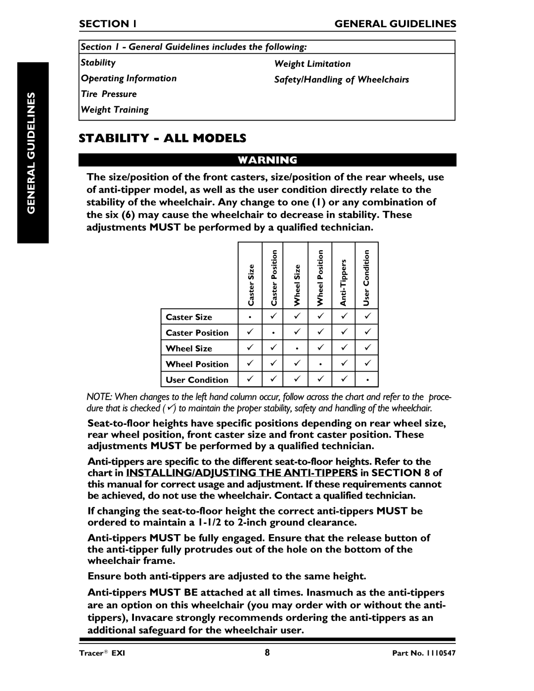 Invacare Tracer EXIR manual Stability ALL Models, Section General Guidelines 