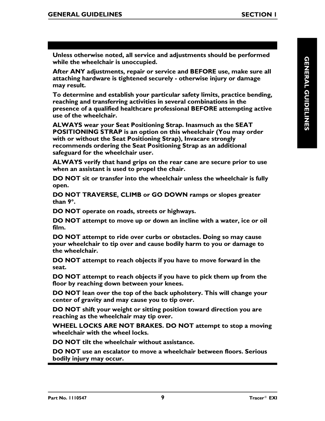 Invacare Tracer EXIR manual Operating Information, General Guidelines Section 