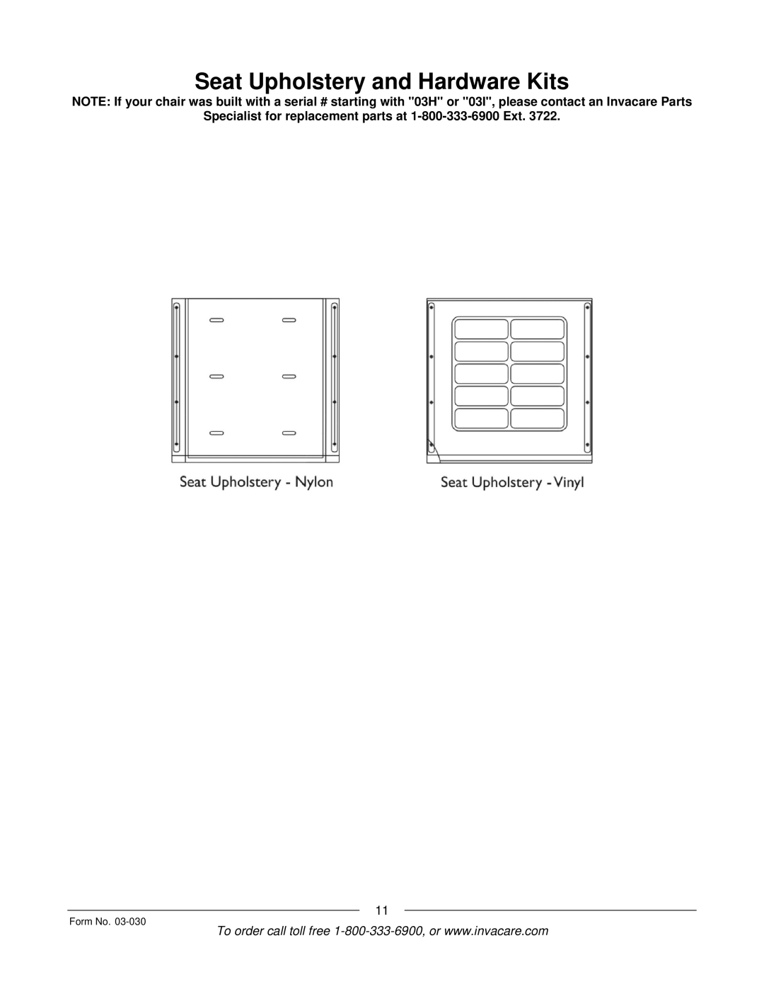 Invacare Tracer IV manual Seat Upholstery and Hardware Kits 