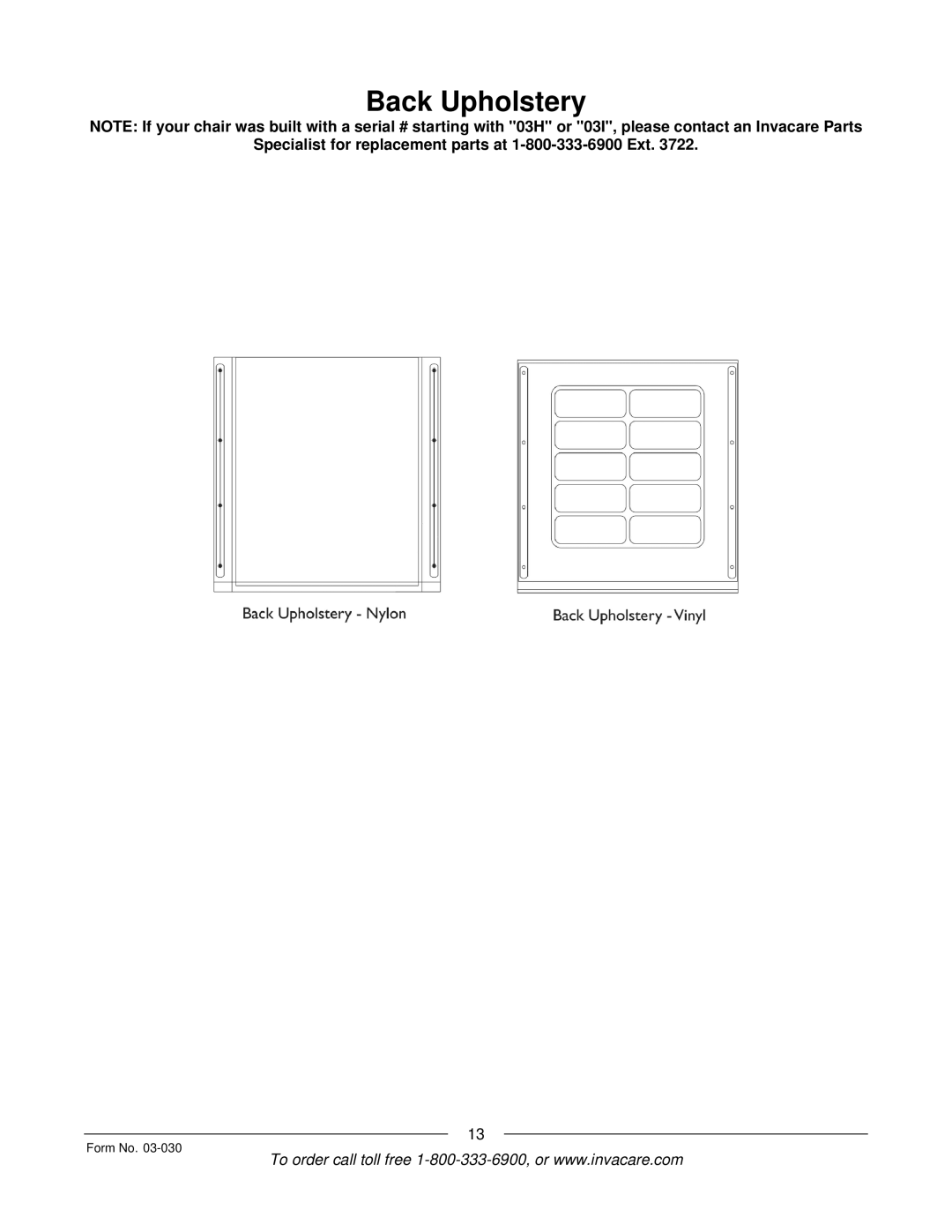 Invacare Tracer IV manual Back Upholstery 