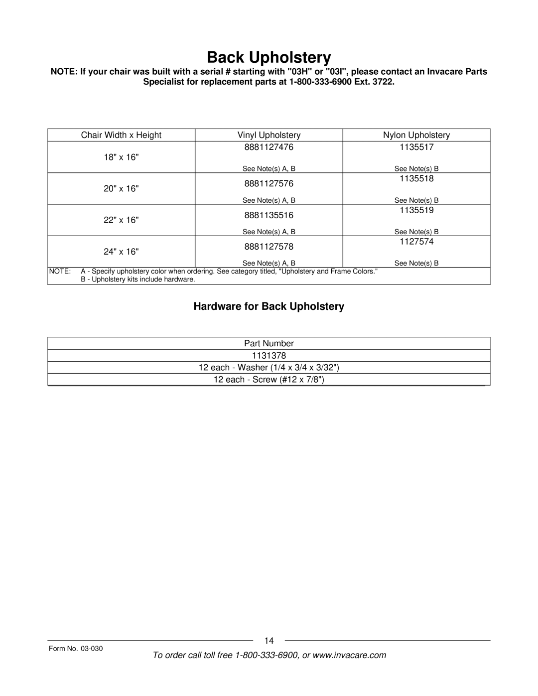 Invacare Tracer IV manual Hardware for Back Upholstery 