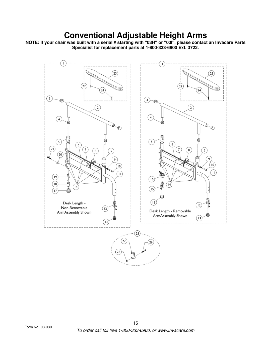 Invacare Tracer IV manual Conventional Adjustable Height Arms 