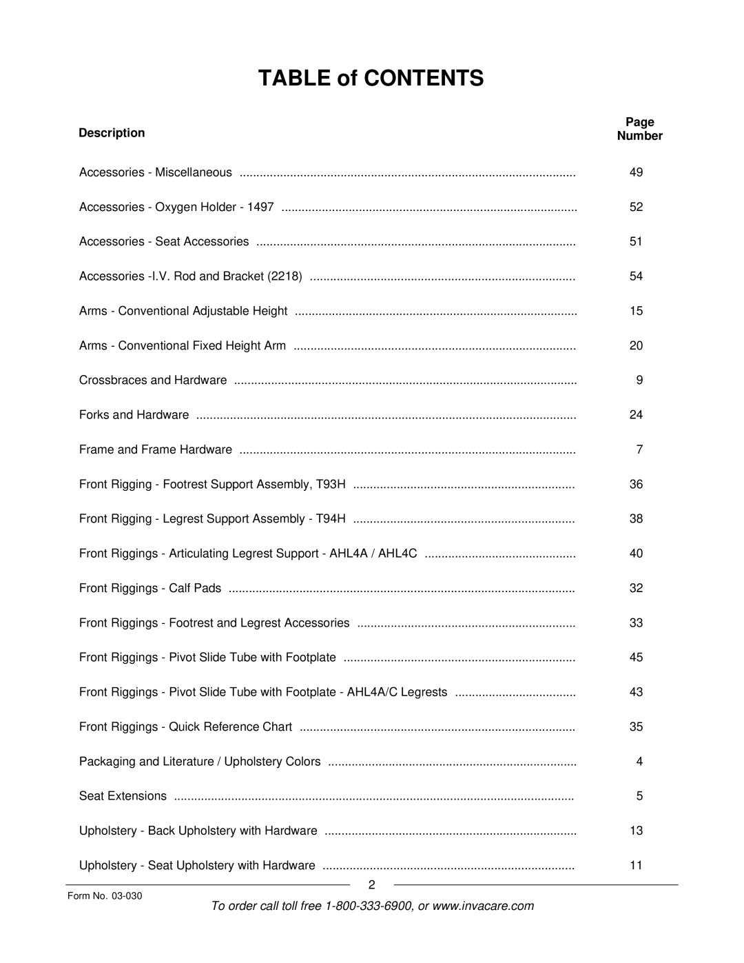 Invacare Tracer IV manual Table of Contents 