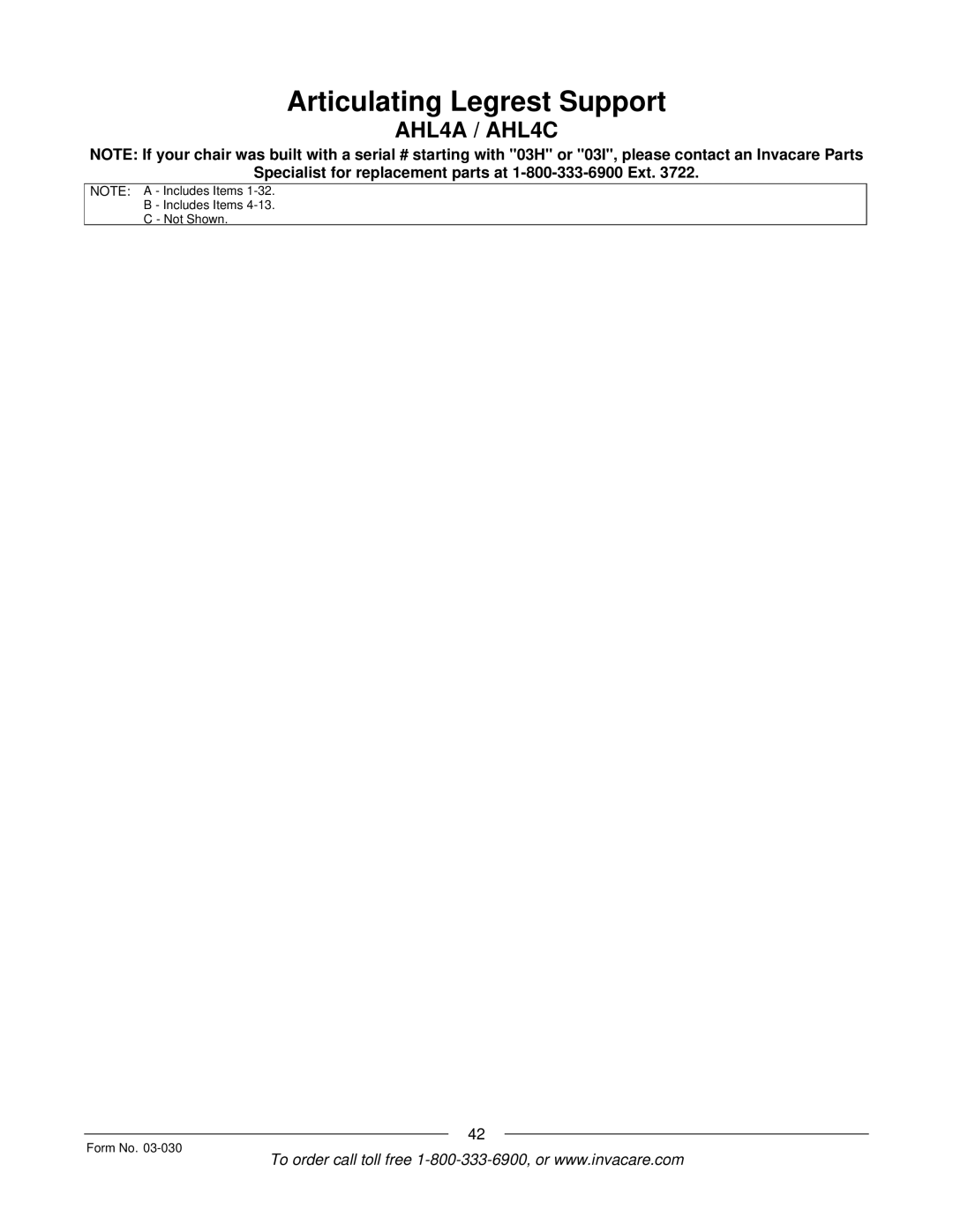 Invacare Tracer IV manual Includes Items Not Shown Form No 