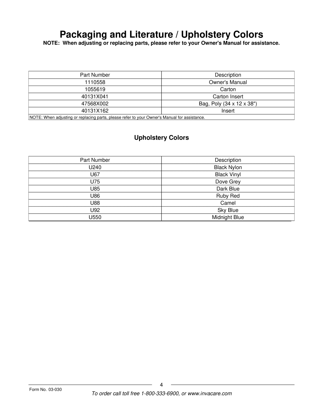 Invacare Tracer IV manual Packaging and Literature / Upholstery Colors 