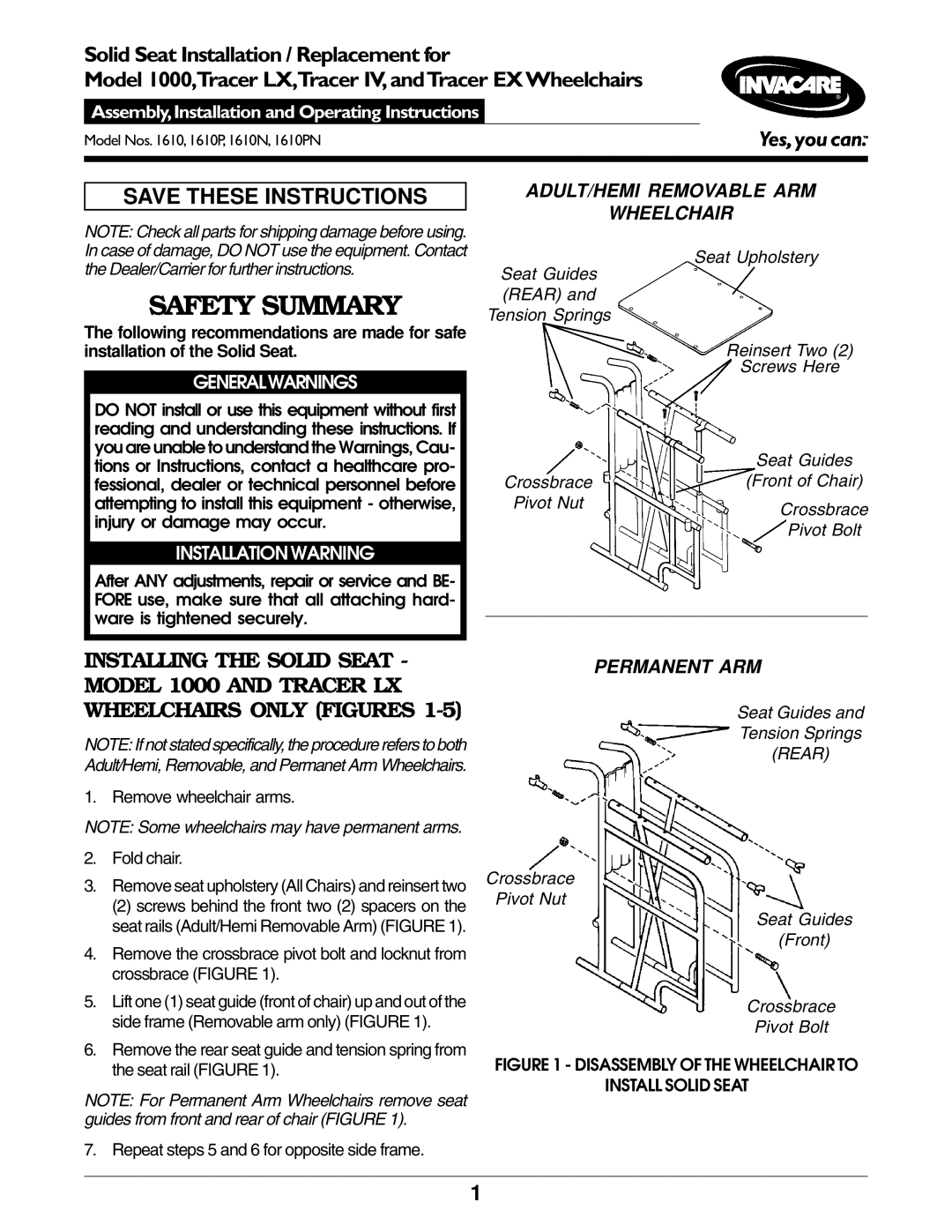 Invacare 1610N operating instructions ADULT/HEMI Removable ARM Wheelchair, Permanent ARM, Seat Guides Tension Springs 