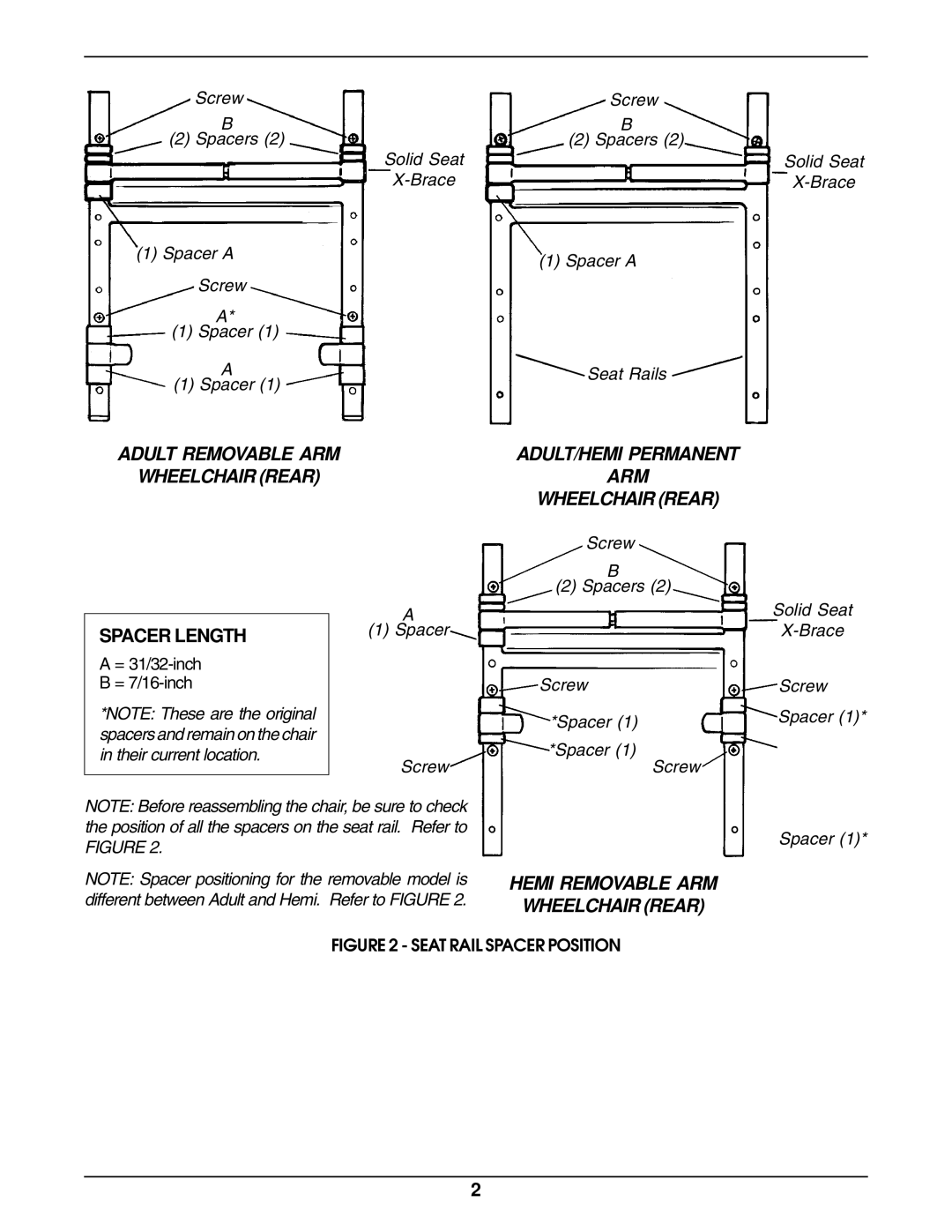 Invacare Tracer LX, 1610N Adult Removable ARM Wheelchair Rear Spacer Length, ADULT/HEMI Permanent ARM Wheelchair Rear 