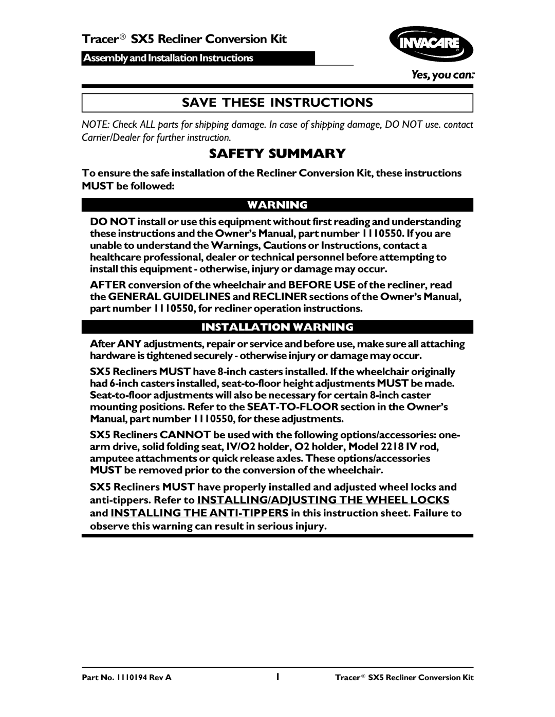 Invacare Tracer SX5 installation instructions Safety Summary, Installation Warning 