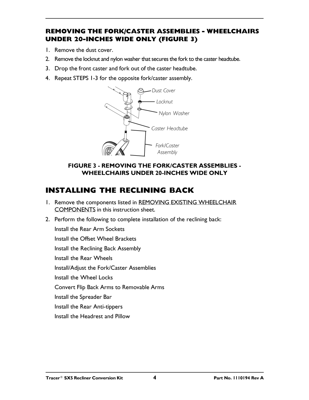 Invacare Tracer SX5 installation instructions Installing the Reclining Back 