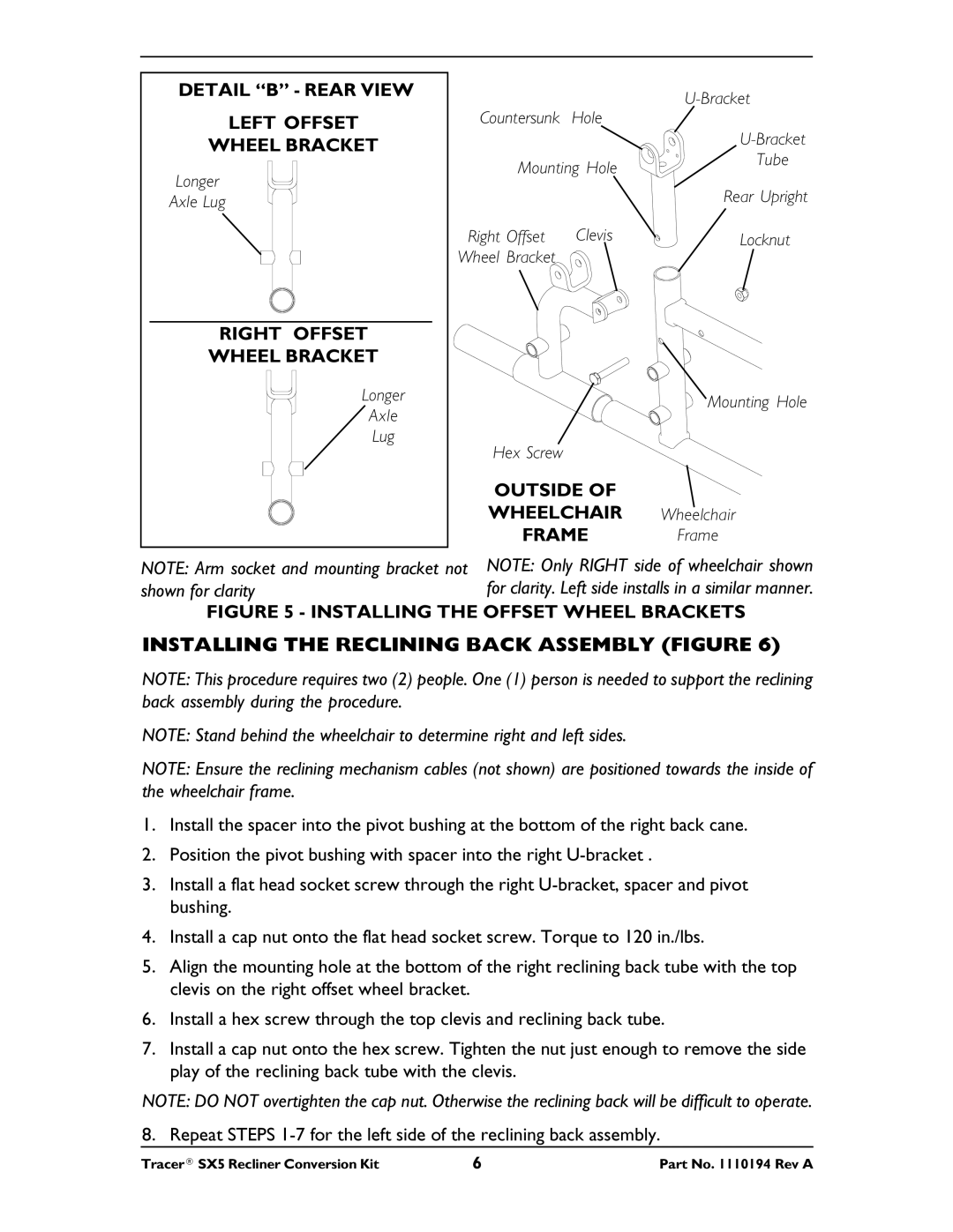 Invacare Tracer SX5 installation instructions Installing the Reclining Back Assembly Figure, Right Offset Wheel Bracket 