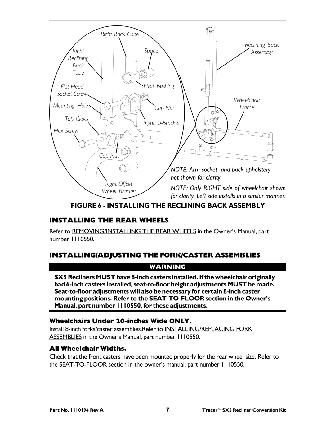 Invacare Tracer SX5 installation instructions Installing the Reclining Back Assembly 