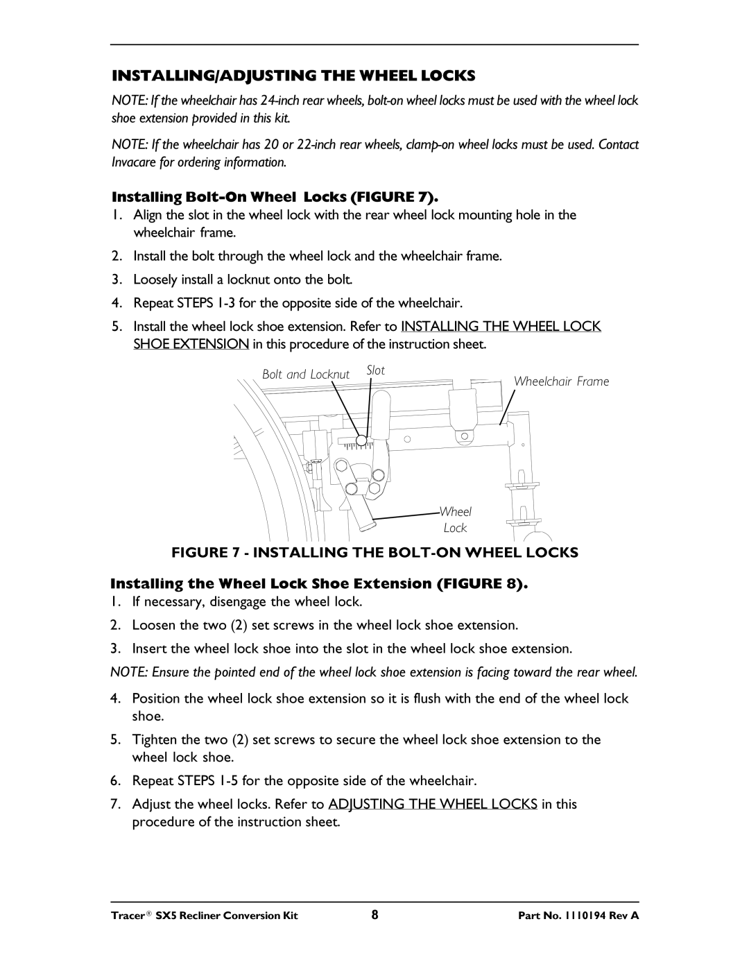 Invacare Tracer SX5 installation instructions INSTALLING/ADJUSTING the Wheel Locks, Installing Bolt-On Wheel Locks Figure 