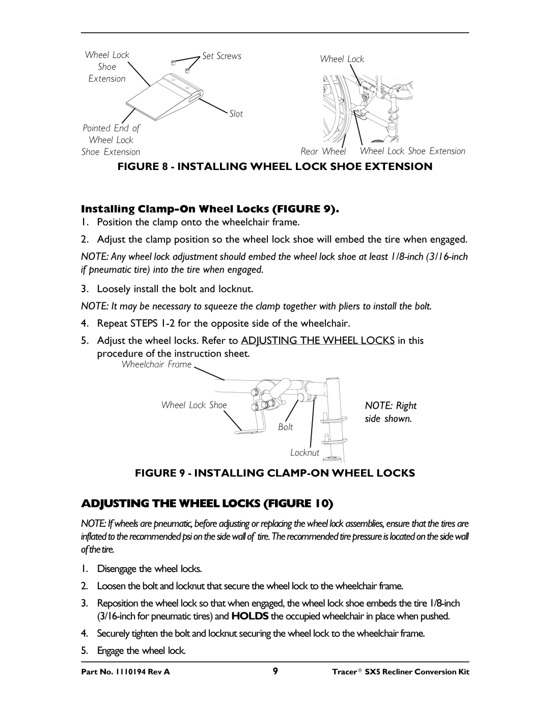 Invacare Tracer SX5 installation instructions Adjusting the Wheel Locks Figure, Installing Clamp-On Wheel Locks Figure 