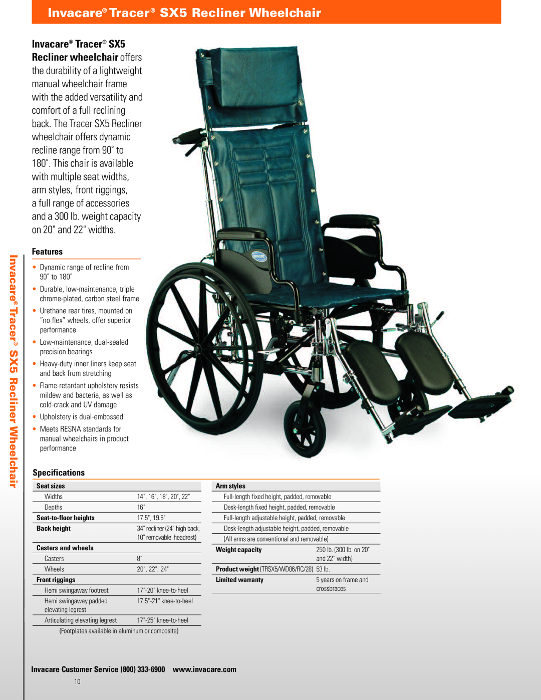 Invacare TRAN17FR, TRAN19FR manual Invacare Tracer SX5 Recliner Wheelchair, Dynamic range of recline from 90˚ to 180˚ 