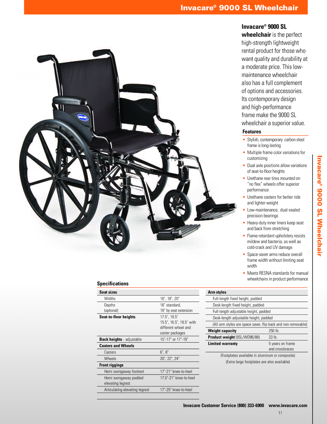 Invacare TRAN19FR, TRAN17FR manual Invacare 9000 SL Wheelchair, Multiple frame color variations for customizing 