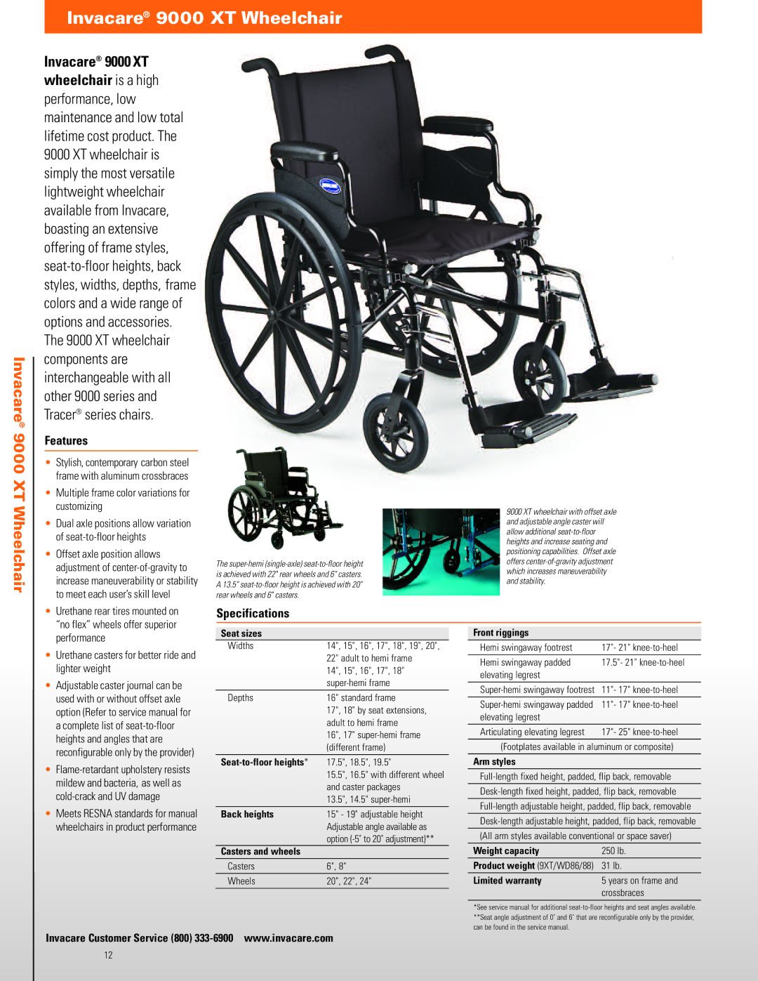 Invacare TRAN17FR, TRAN19FR manual Invacare 9000 XT Wheelchair 