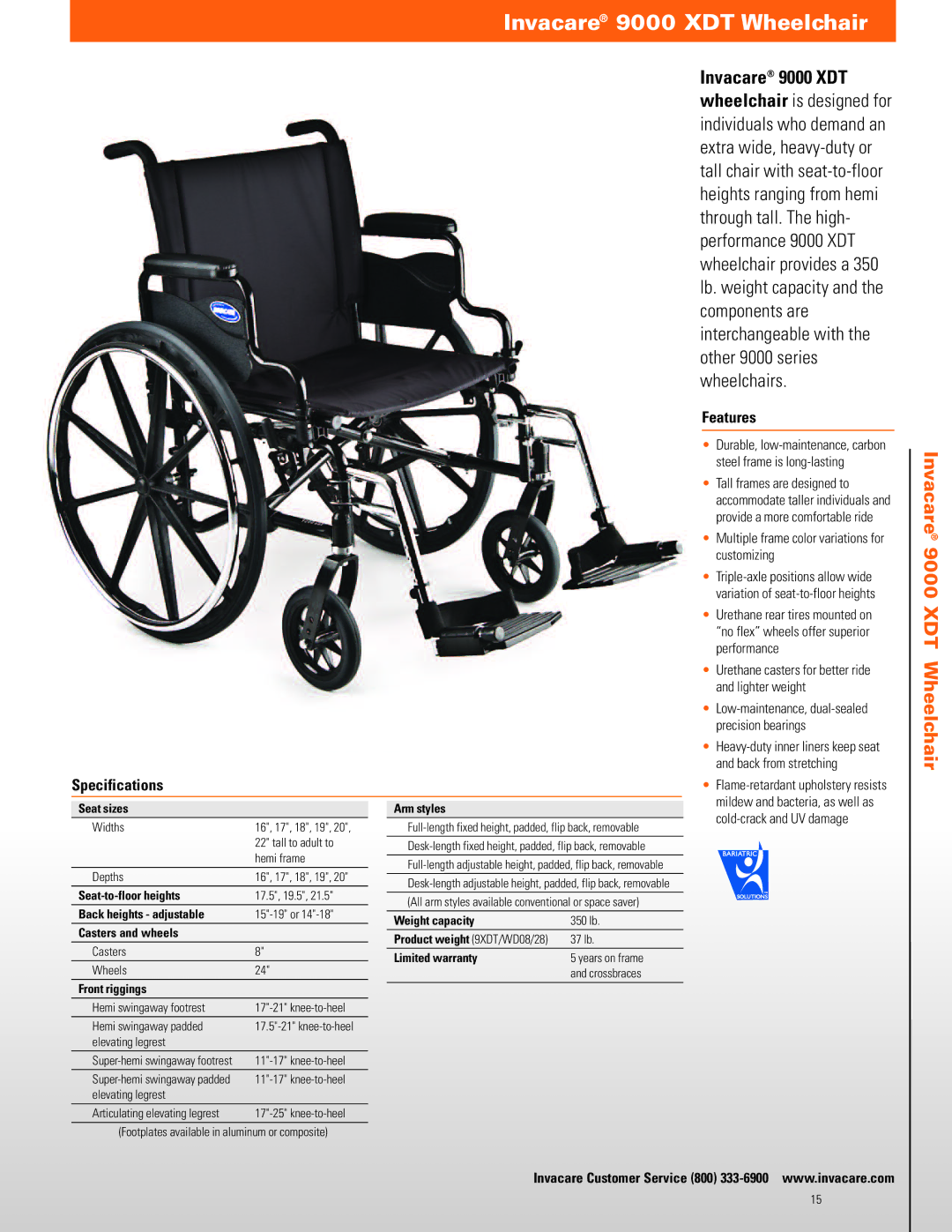 Invacare TRAN19FR, TRAN17FR manual Invacare 9000 XDT Wheelchair, Tall frames are designed to 