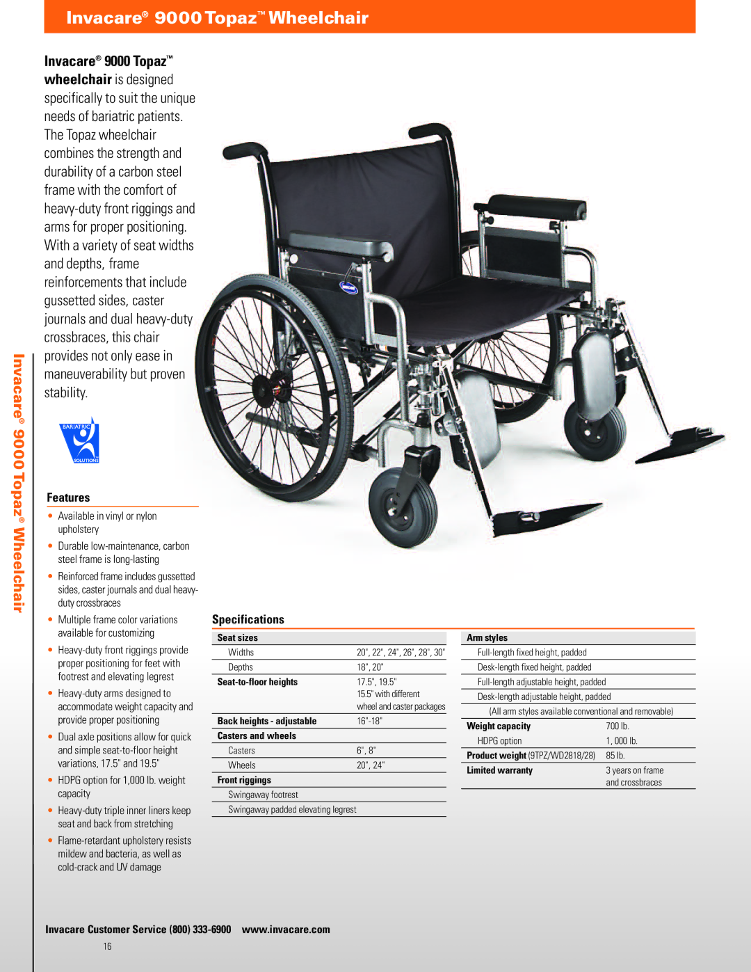 Invacare TRAN17FR, TRAN19FR manual Invacare 9000 Topaz Wheelchair, Invacare 9000Topaz Wheelchair 