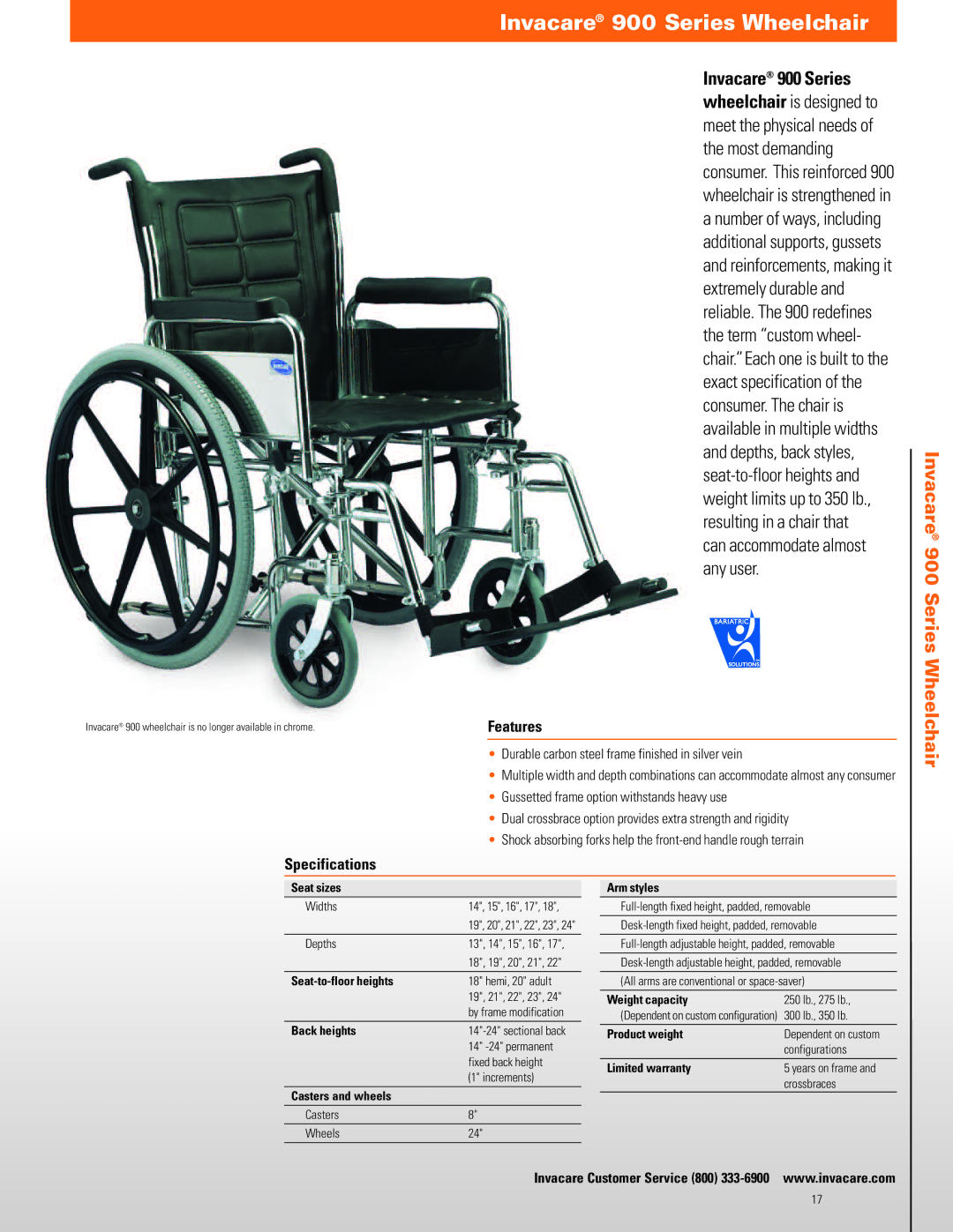 Invacare TRAN19FR, TRAN17FR manual Invacare 900 Series Wheelchair, Durable carbon steel frame finished in silver vein 