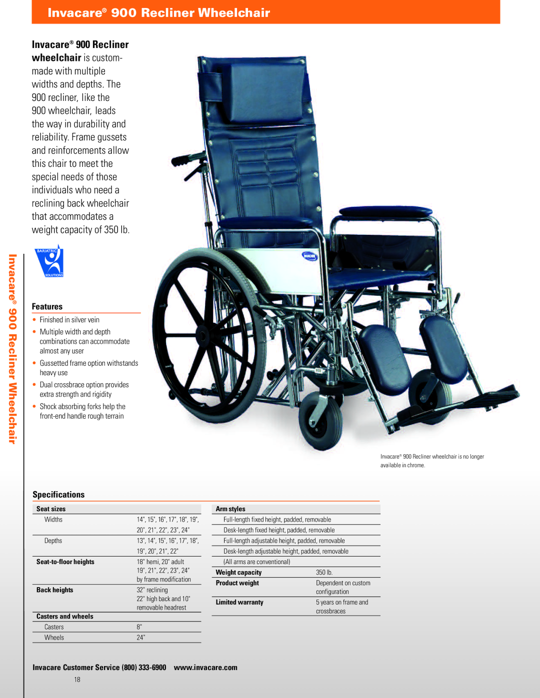 Invacare TRAN17FR Invacare 900 Recliner Wheelchair, Finished in silver vein, Gussetted frame option withstands heavy use 