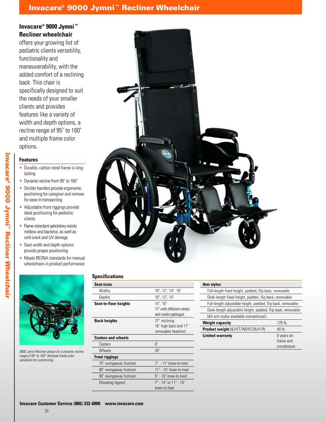 Invacare TRAN17FR, TRAN19FR manual Invacare 9000 Jymni Recliner Wheelchair, Invacare 9000 Jymni Recliner wheelchair 