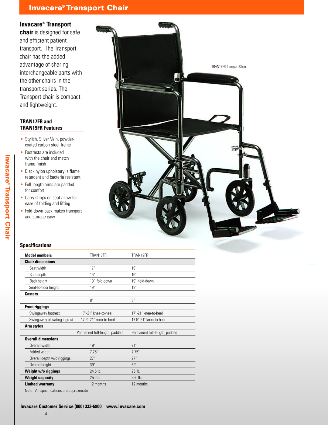 Invacare manual Invacare Transport Chair, TRAN17FR TRAN19FR Features, Specifications 