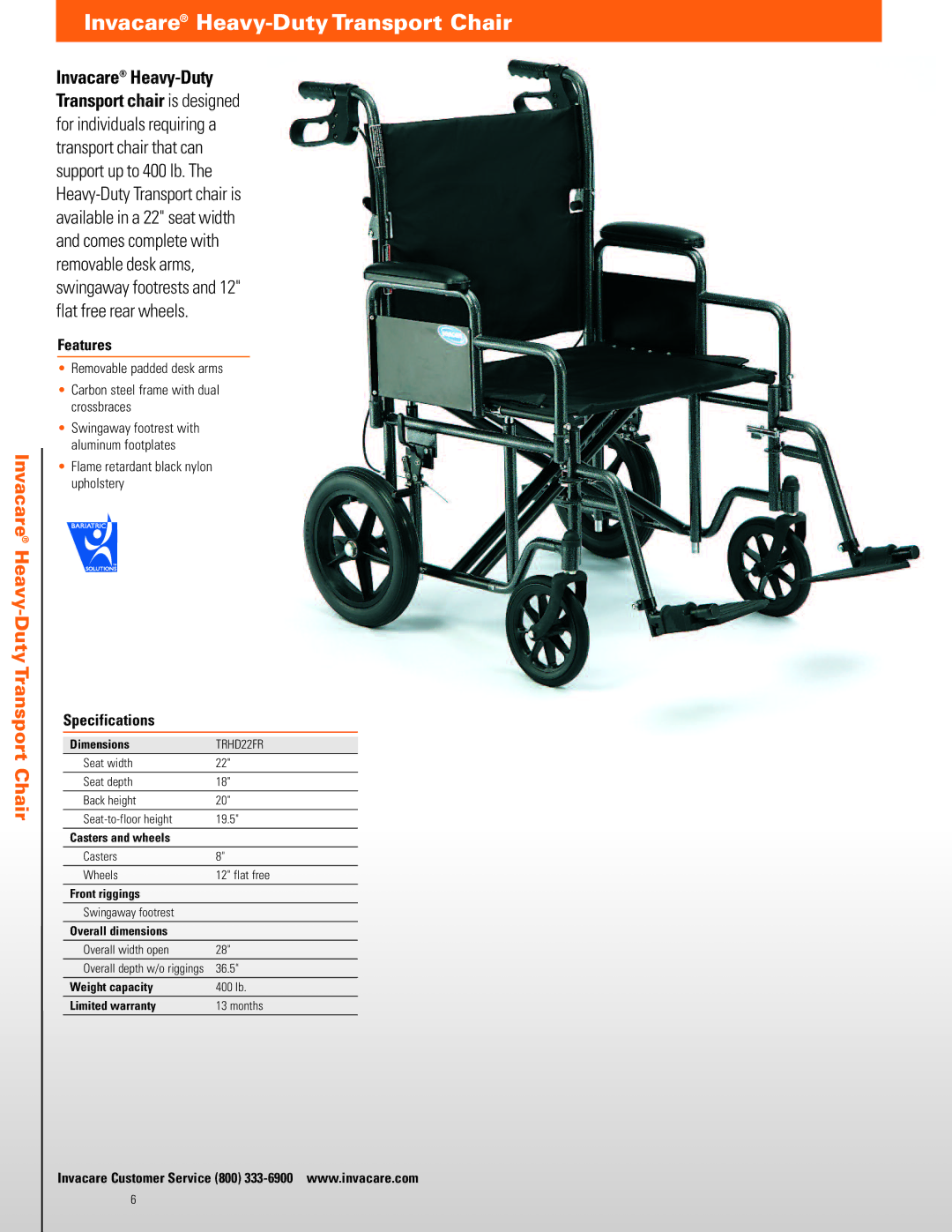 Invacare TRAN17FR, TRAN19FR manual Invacare Heavy-DutyTransport Chair, Flame retardant black nylon upholstery 