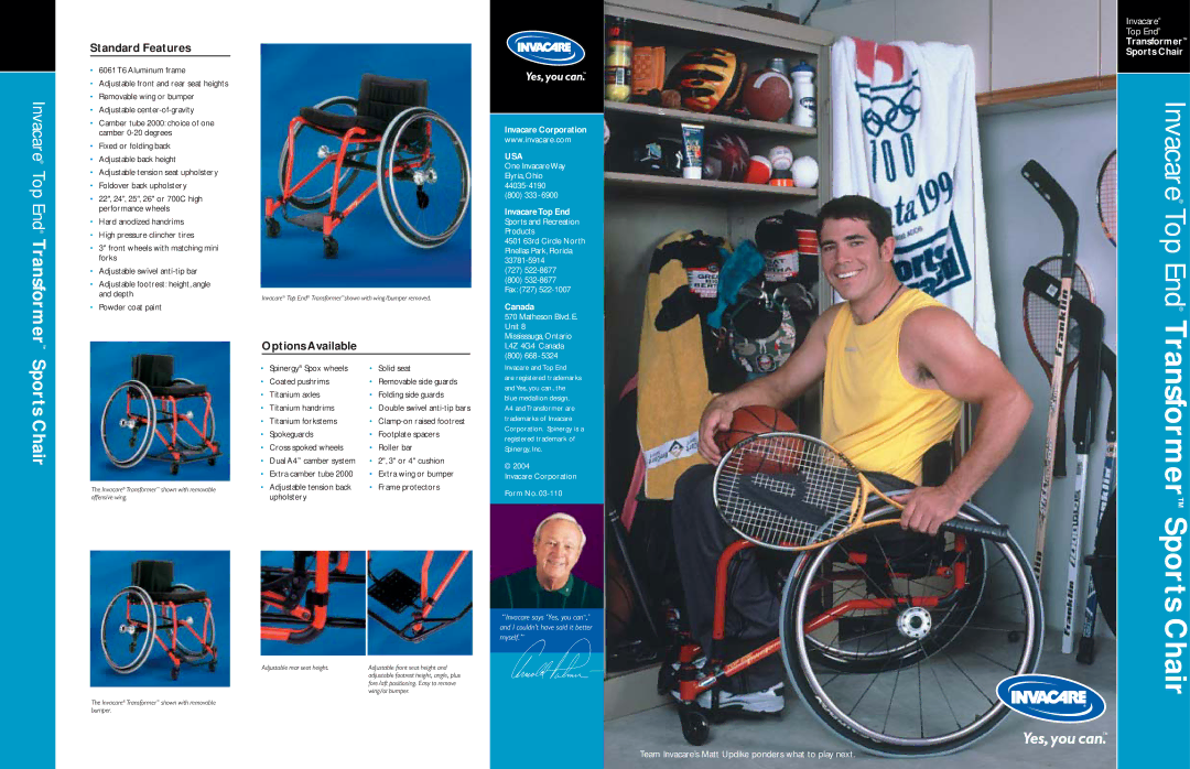 Invacare Transformer manual Standard Features, Options Available 