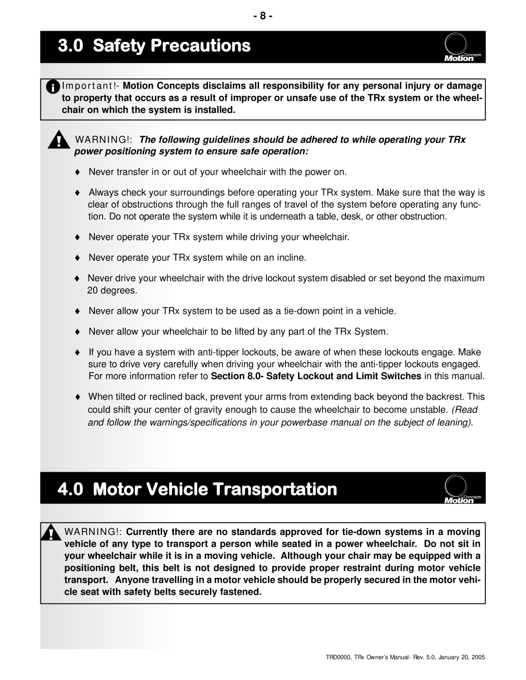 Invacare TRx Power Positioning System manual Safety Precautions, Motor Vehicle Transportation 