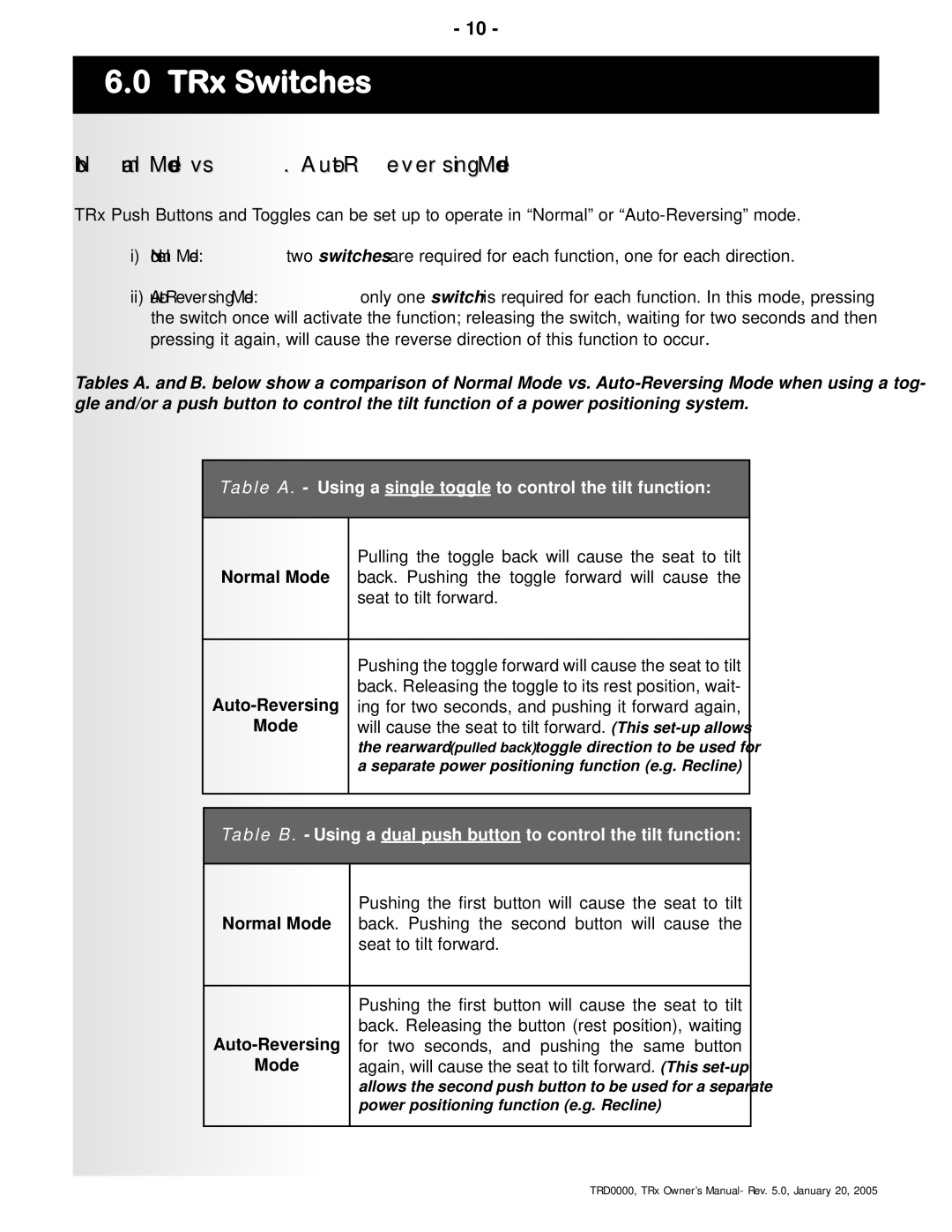 Invacare TRx Power Positioning System manual TRx Switches, Normal Mode vs. Auto-Reversing Mode 