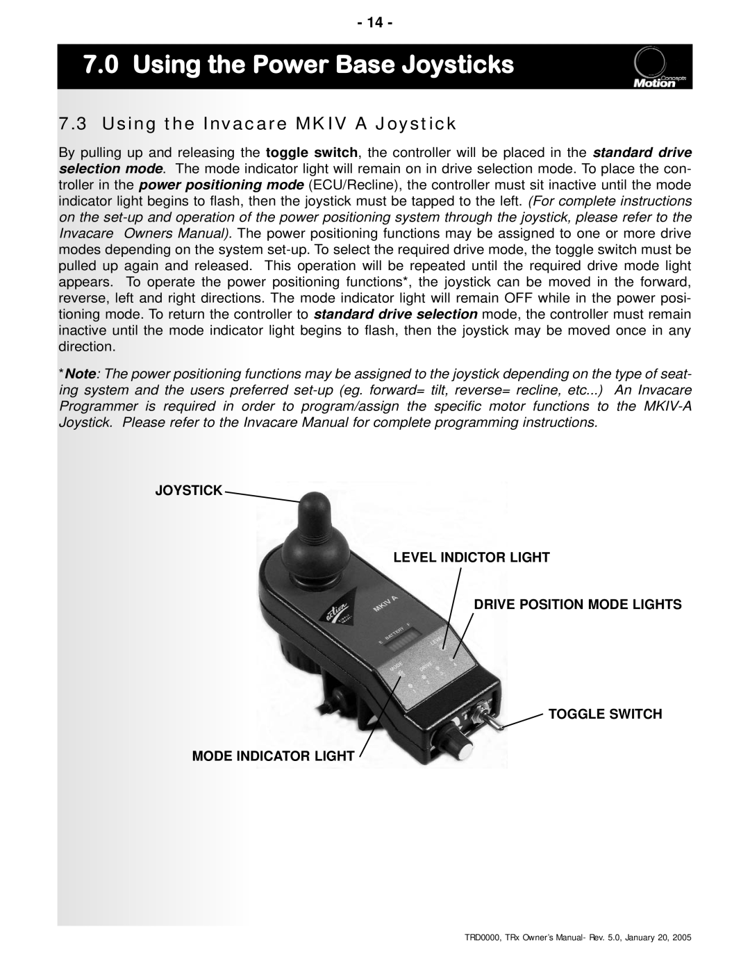 Invacare TRx Power Positioning System manual Using the Invacare Mkiv a Joystick 