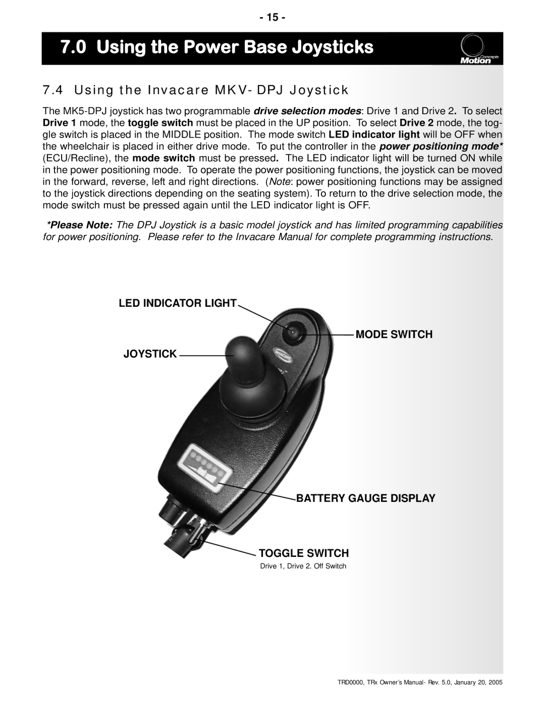 Invacare TRx Power Positioning System manual Using the Invacare MKV- DPJ Joystick 