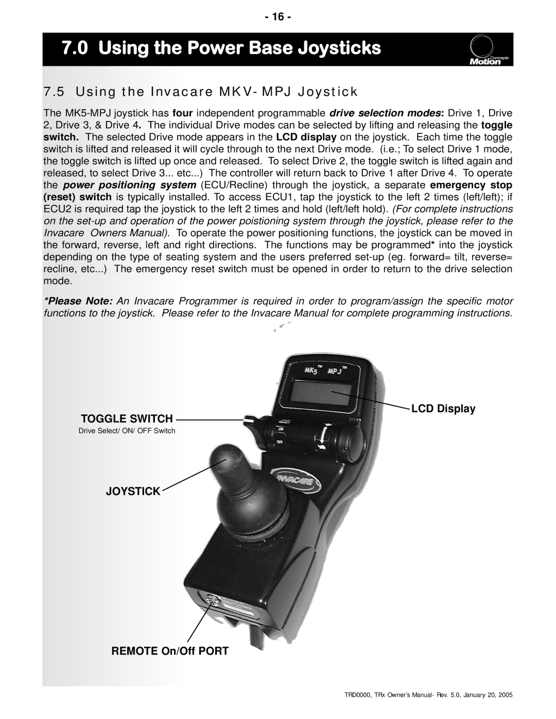 Invacare TRx Power Positioning System manual Using the Invacare MKV- MPJ Joystick, LCD Display, Remote On/Off Port 