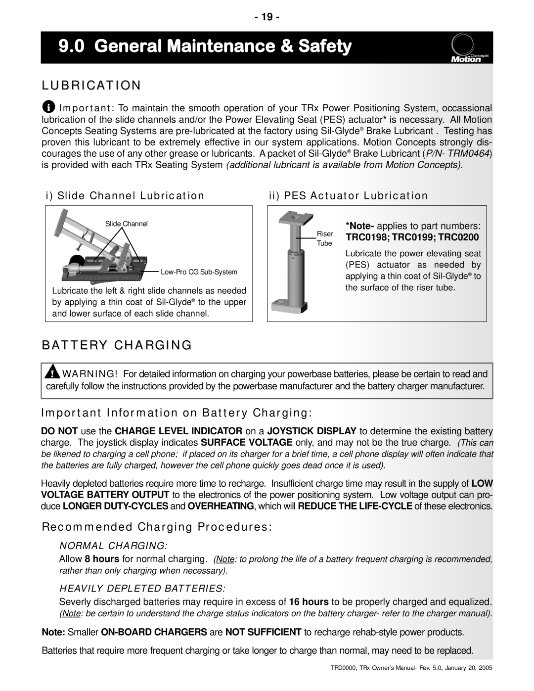 Invacare TRx Power Positioning System manual Battery Charging, Slide Channel Lubrication Ii PES Actuator Lubrication 