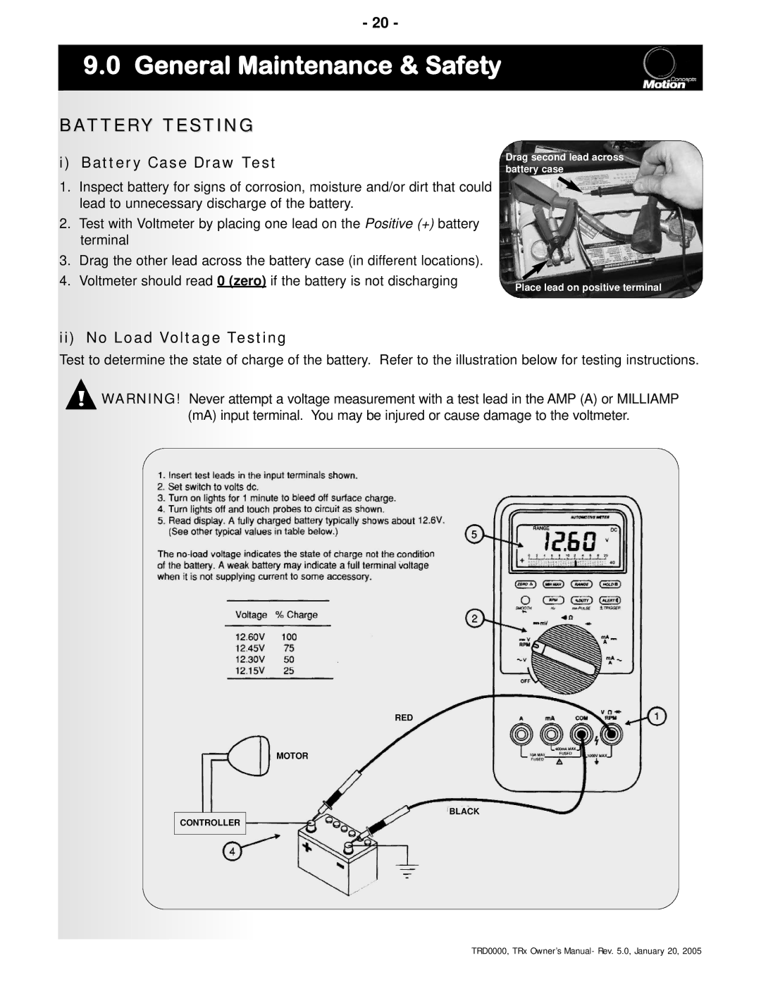 Invacare TRx Power Positioning System manual Battery Testing, Battery Case Draw Test, Ii No Load Voltage Testing 