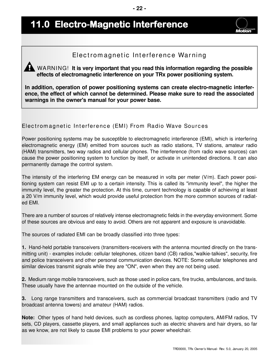 Invacare TRx Power Positioning System manual Electro-Magnetic Interference, Electromagnetic Interference Warning 