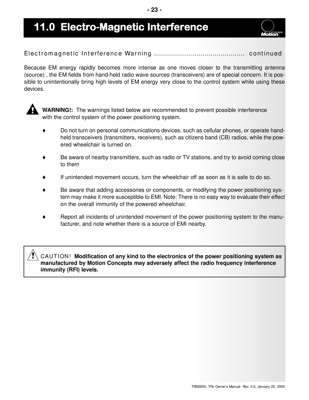 Invacare TRx Power Positioning System manual Electromagnetic Interference Warning 