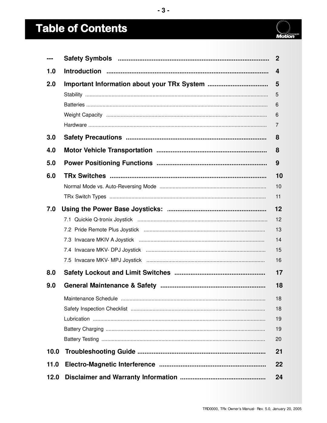 Invacare TRx Power Positioning System manual Table of Contents 