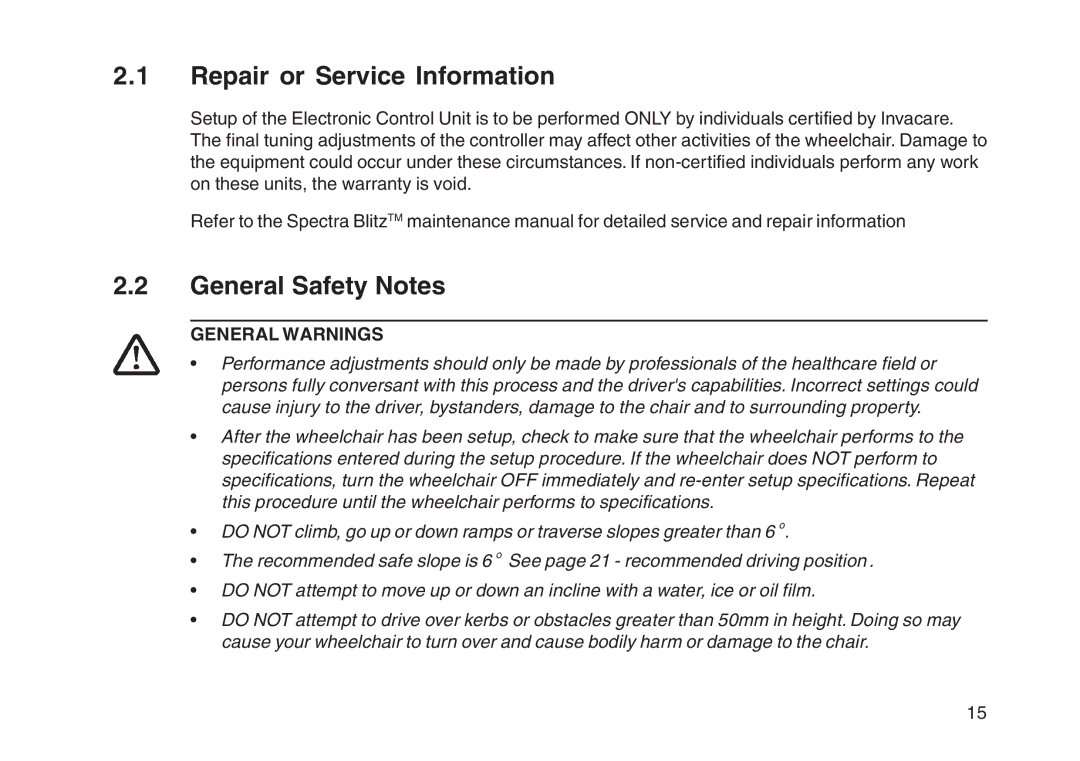 Invacare User guide manual Repair or Service Information, General Safety Notes, General Warnings 