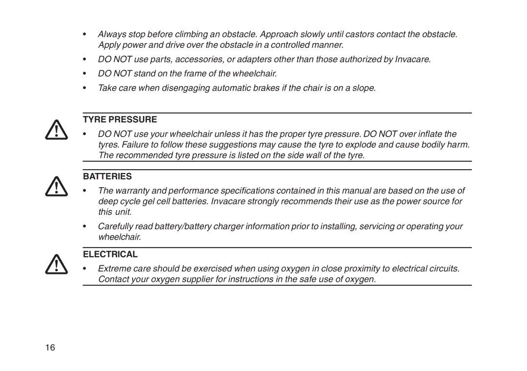 Invacare User guide manual Tyre Pressure, Batteries, Electrical 