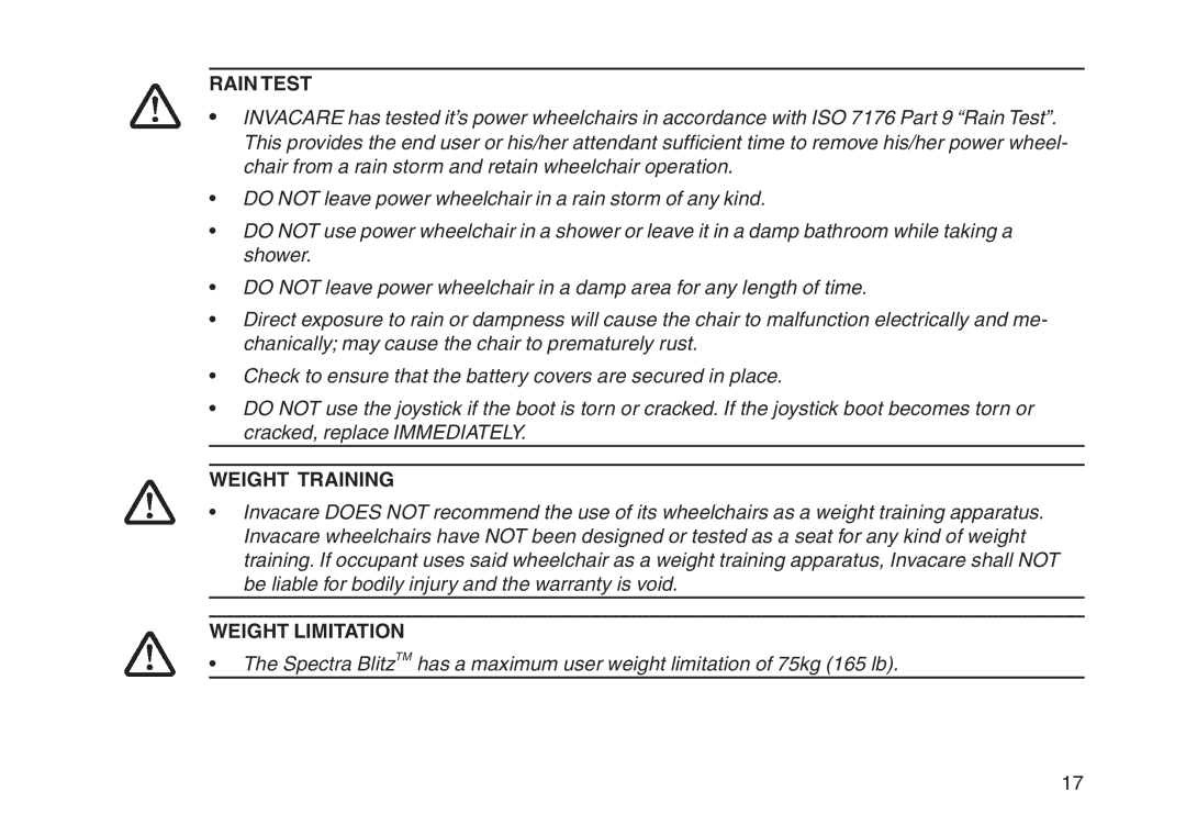 Invacare User guide manual Rain Test, Weight Training, Weight Limitation 