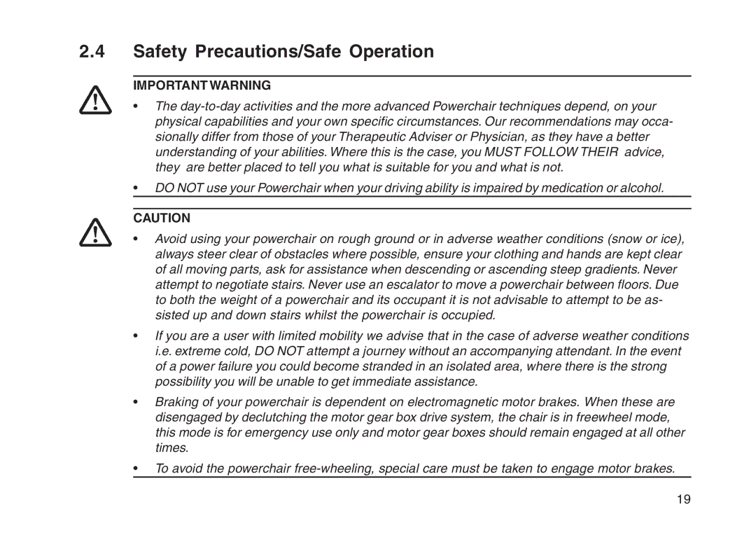 Invacare User guide manual Safety Precautions/Safe Operation, Important Warning 