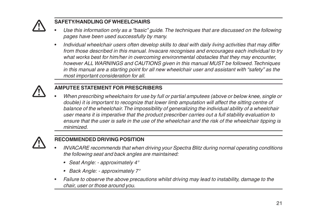 Invacare User guide manual SAFETY/HANDLING of Wheelchairs, Amputee Statement for Prescribers, Recommended Driving Position 