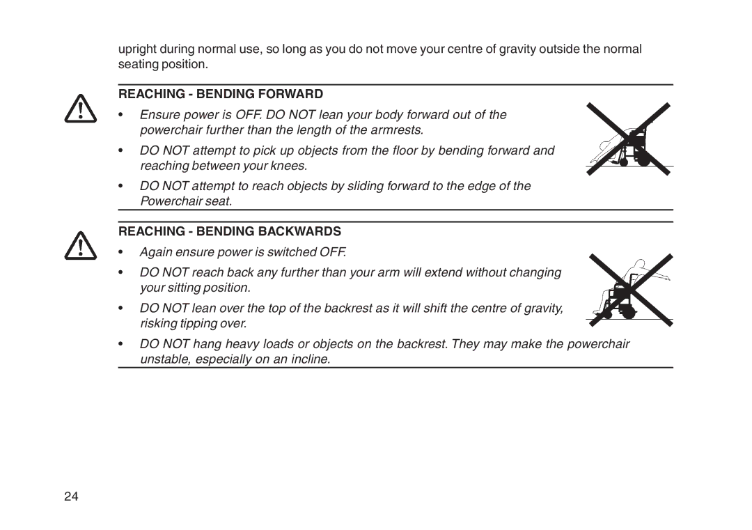 Invacare User guide manual Reaching Bending Forward, Reaching Bending Backwards 