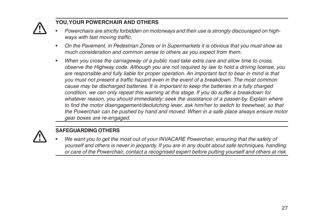 Invacare User guide manual YOU,YOUR Powerchair and Others, Safeguarding Others 